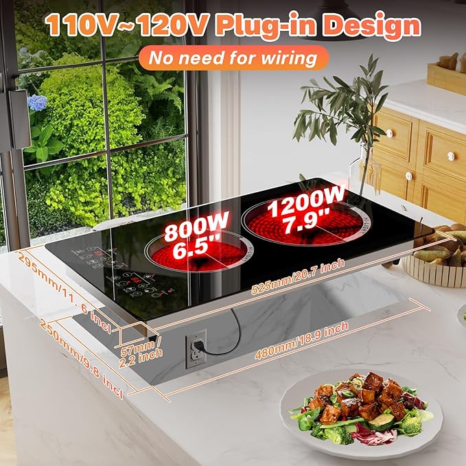 12 Inch 2 Burner Electric Cooktop, 2000W Double Ceramic Glass Stove Top with Touch Control or Slider Control & Infrared Heating, 9 Power Levels, Timer, Child Lock