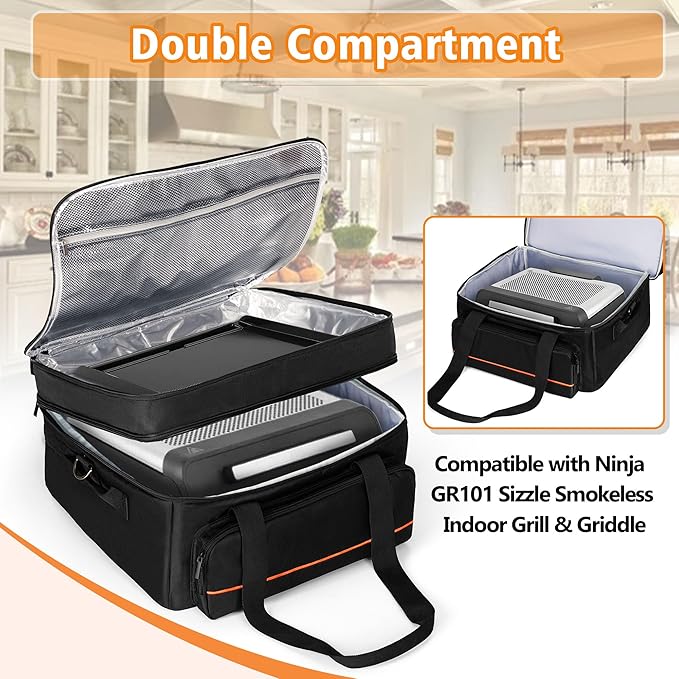 samdew Double-layer Grill Carrying Bag, Grill Cover Compatible with Ninja GR101 Sizzle Smokeless Indoor Grill & Griddle, Padded Grill Storage Case for Grill Plate & Accessories Tools, Bag Only