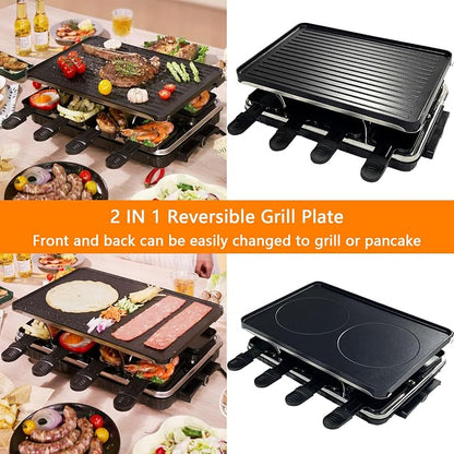 Electric Korean BBQ Indoor Grill Table Smokeless Portable Griddle Raclette Grill Nonstick with 8 Cheese Maker Pans Temperature Control & Dishwasher Safe 1300W Ideal for Parties and Family Fun
