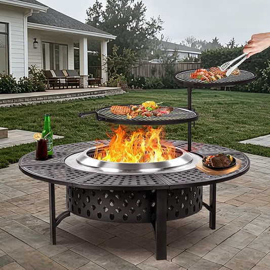 OutVue 47 Inch Smokeless Fire Pit with 2 Grills, Extra Large Wood Burning Fire Pits for Outside with Poker, Heavy Duty Firepit,BBQ& Outdoor Firepit & Round Metal Table 4 in 1 for Patio, Picnic