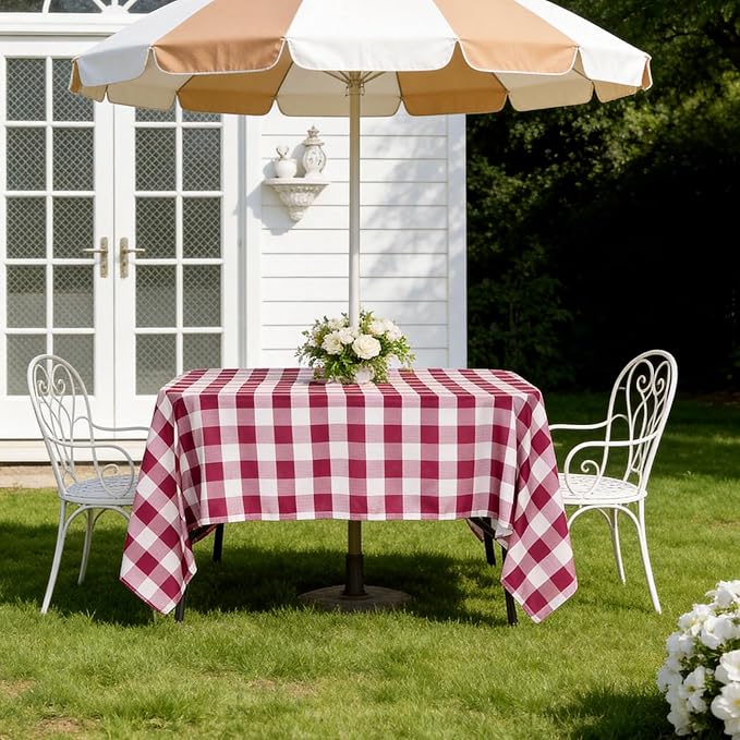 SquarePie 60x120'' Rectangle Outdoor Tablecloth with Umbrella Hole Water Resistant Zippered Table Cloth Cover for Spring Summer Garden Patio Picnic Garden,Burgundy Red Gingham
