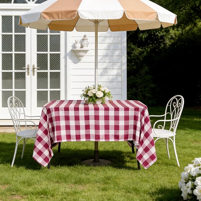 SquarePie Outdoor Tablecloth with Umbrella Hole and Zipper Rectangle Waterproof Gingham Table Cloth Spillproof Table Cover for Camping Picnic Patio Poolside Garden BBQS, 52x70 Burgundy Red Checkered