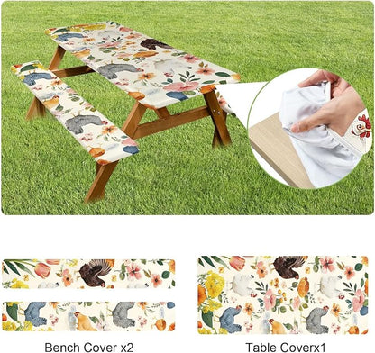 FOREVER QUEEN Picnic Table Cover with Bench Covers 72in,Waterproof Windproof Fitted Tablecloth,Farm Chicken with Floral Print Camping Essentials with Drawstring Bag for Patio,Park & Backyard
