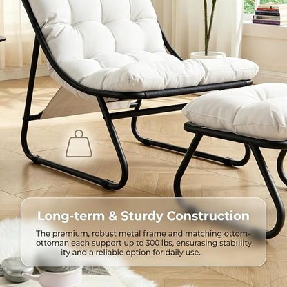 Rocking Chair with Ottoman, Modern Metal Frame Outdoor Rocker, Comfy Patio Lounge Chair with Footrest, Reading Glider Chairs for Living Room, Bedroom, Balcony, Garden, Relax, White