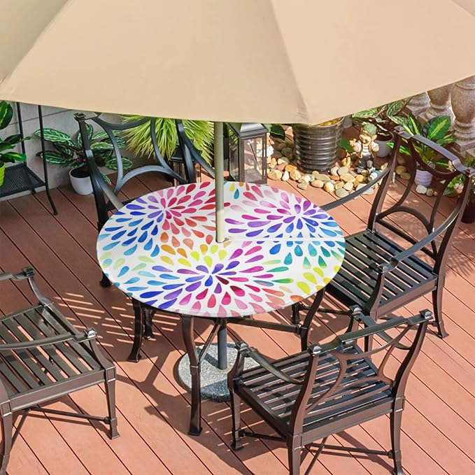 Fitted Round Tablecloth with Umbrella Hole and Zipper Spring or Summer Floral Outdoor Elastic Table Cloth 45"-56" Oil-Proof Waterproof Patio Table Cover for Picnic Party