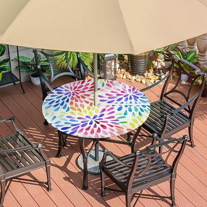 Colorful Fitted Round Tablecloth with Umbrella Hole and Zipper Spring or Summer Floral Outdoor Elastic Table Cloth 36"-44" Oil-Proof Waterproof Patio Table Cover for Picnic Party