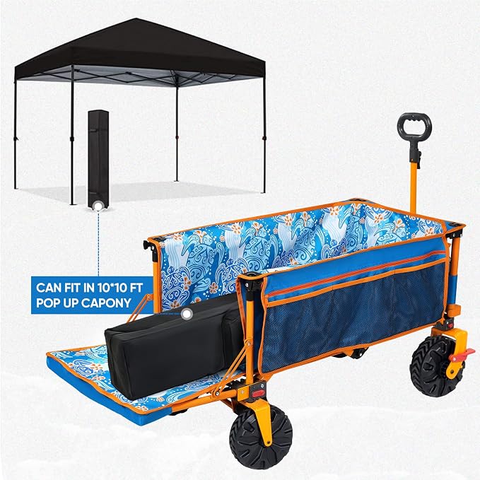 300lbs Extra Long 49" L Beach Wagon with Big Wheels with Brake for Sand, Collapsible Utility Beach Cart Heavy Duty Folding Wagon,Ideal for Outdoor Sand Camping Garden Pet