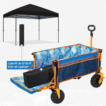 300lbs Extra Long 49" L Beach Wagon with Big Wheels with Brake for Sand, Collapsible Utility Beach Cart Heavy Duty Folding Wagon,Ideal for Outdoor Sand Camping Garden Pet