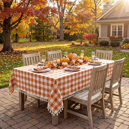 Softalker Fall Checkered Tablecloth Rectangle, Heavy Weight Linen Cotton Gingham Thanksgiving Orange Table Cloth with Tassel, Wrinkle Free Buffalo Plaid Table Cover for Dining Party- 55 x 70 Inch