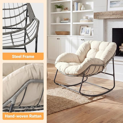 Bifanuo Oversized Egg Rocking Chair for Indoor/Outdoor – All-Weather Wicker Rattan Lounge Chair with Cushion, Patio Rocker for Porch, Garden, or Balcony (Classic Beige)