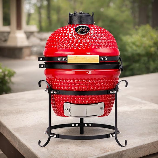 13-in W Kamado Grill with Built-in Thermometer, Oval Grill with Cast Iron Grates, Bamboo handle, Portable Ceramic Grills with Low Stand for Backyard, Patio, Deck grilling, Red