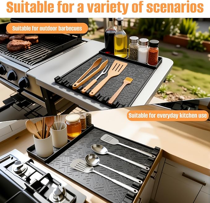 2 Pack Silicone Grill Mat for Blackstone,Silicone Griddle Tools Mat with Drip Pad,Heat Resistant Spatula Mat for Outdoor Kitchen Grill,Side Mat for Blackstone Griddle Accessories(Black,2PCS)