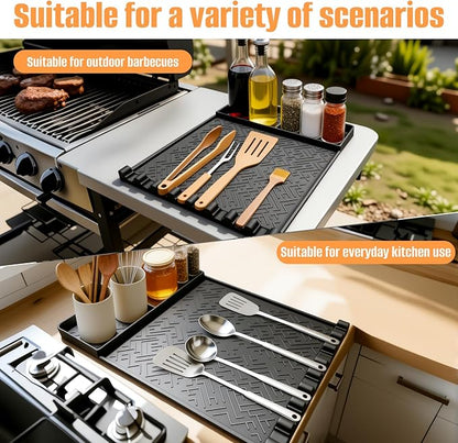 2 Pack Silicone Grill Mat for Blackstone,Silicone Griddle Tools Mat with Drip Pad,Heat Resistant Spatula Mat for Outdoor Kitchen Grill,Side Mat for Blackstone Griddle Accessories(Black,2PCS)