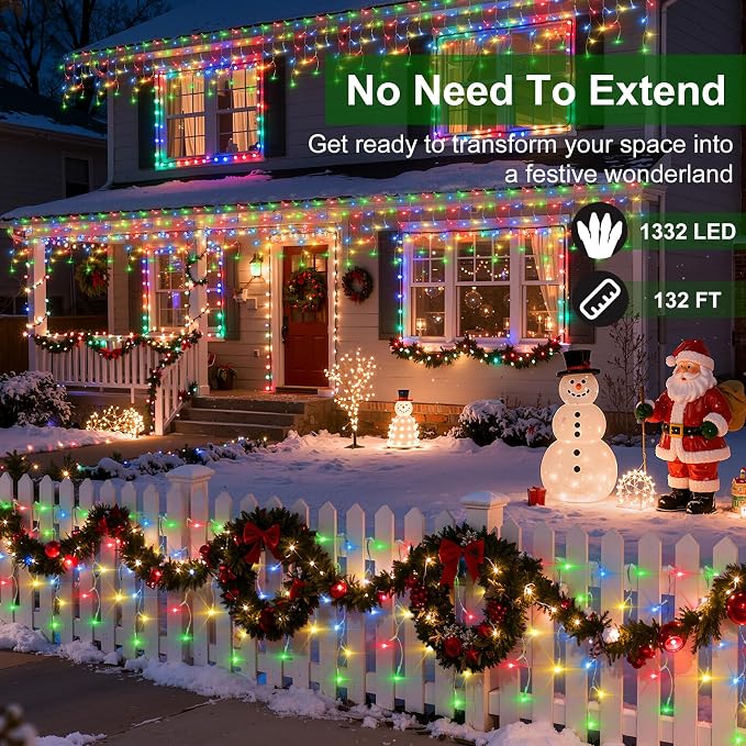 1332 LED 132FT Christmas Lights,296 Drops Icicle Lights with 12 Modes | Multicolor Icicle String Lights with Timer and Dimming for Long Rooflines, Wide Eaves, Storefronts and Wedding Backdrops