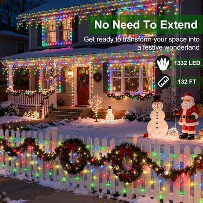 1332 LED 132FT Christmas Lights,296 Drops Icicle Lights with 12 Modes | Multicolor Icicle String Lights with Timer and Dimming for Long Rooflines, Wide Eaves, Storefronts and Wedding Backdrops