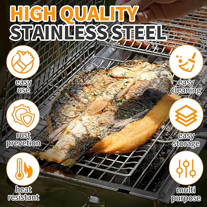 Fish & Vegetable Grill Basket,Portable Stainless Steel BBQ Grill Basket,Folding Outdoor Camping BBQ Rack for Fish, Shrimp, Vegetables, Barbeque Griller Cooking Accessories (Silver)