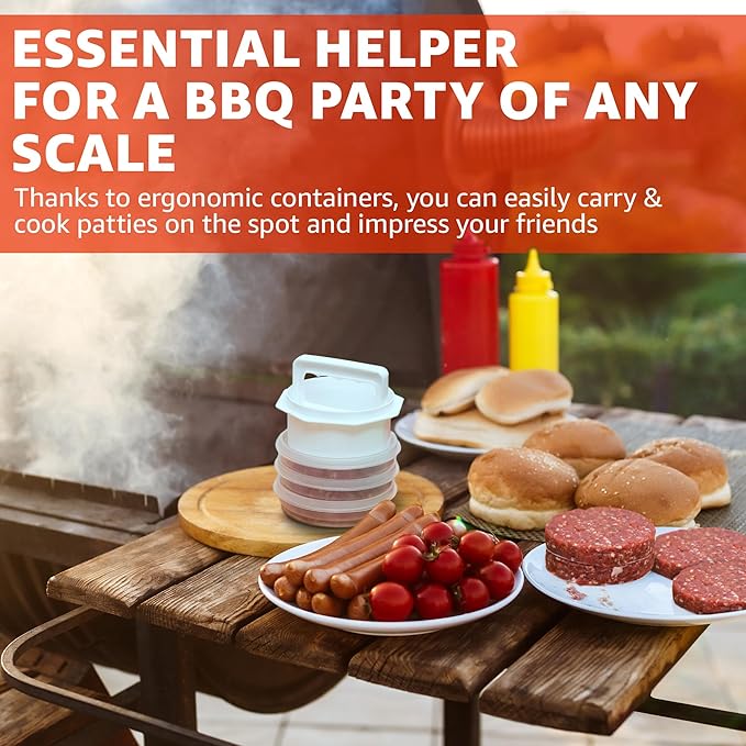 Hamburger Press Patty Maker - 4 in 1, Burger Mold, Patty Press, 8 Storage Containers, 100 Round Papers - Hamburger Patty Maker Tool for BBQ - Burger Shaper for Meat, Veggie Patties