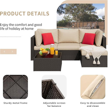 Shintenchi 5 Pieces Patio Furniture Sets Outdoor All-Weather Sectional Patio Sofa Set PE Rattan Manual Weaving Wicker Patio Conversation Set with Glass Table&Ottoman Cushion and Red Pillows, Beige