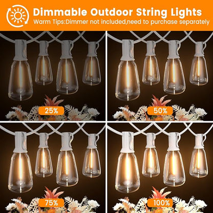 LED Outdoor String Lights 100ft ST38 White Waterproof Patio Lights with 50 Vintage Shatterproof Bulbs(3 Spare), Dimmable Outside Hanging Edison String Lights for Backyard Porch Balcony, Warm White
