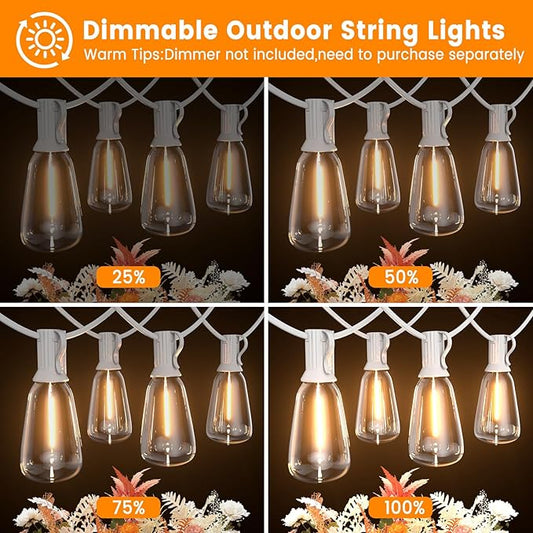 LED Outdoor String Lights 50ft ST38 White Waterproof Patio Lights with 25 Vintage Shatterproof Bulbs(2 Spare)