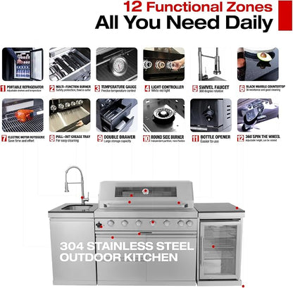 94 Inch Outdoor Kitchen Island with Shed, 85000 BTU 6-Burner Stainless Steel Propane Gas Grill, Wine Cooler Refrigerator, Rotisserie Kit, Galvanized Steel Roof & Black Granite Countertop, Silver