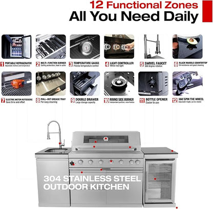 94-Inch 6-Burner 85000 BTU Stainless Steel Propane Gas Grill Outdoor Kitchen Island with Canopy,684Sq.In Cooking Area,Wine Cooler,Refrigerator,Rotisserie,For Backyard BBQ,Silver