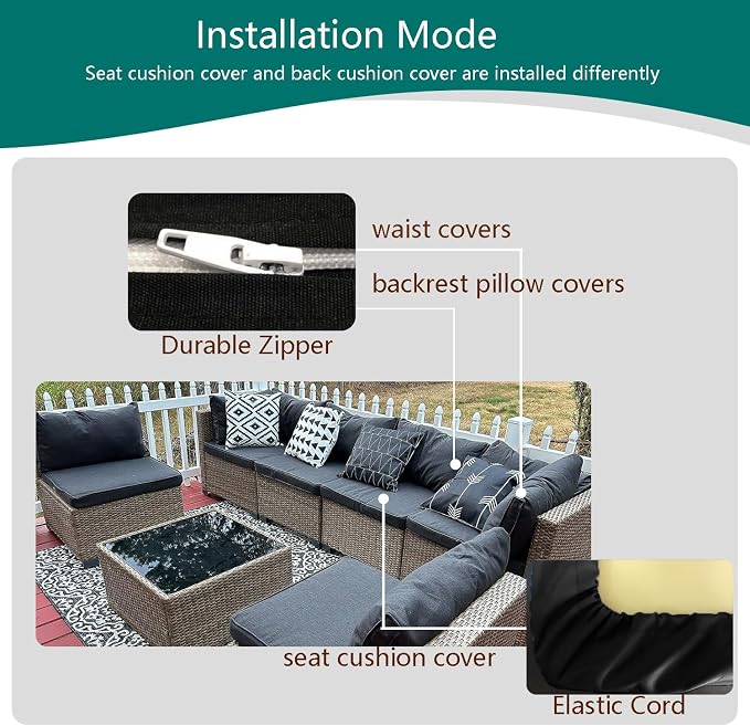 Outdoor Cushion Covers Replacement 14 Pcs, Black | Patio Cushion Covers fit for 7Pieces 6-Seater Wicker Rattan Sectional Couch Sofa Outdoor Cushion Slipcovers Set