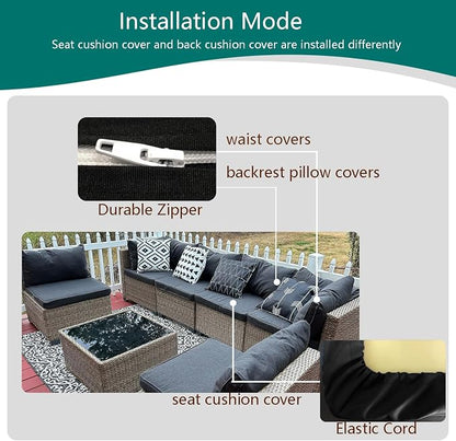 Outdoor Cushion Covers Replacement 14 Pcs, Black | Patio Cushion Covers fit for 7Pieces 6-Seater Wicker Rattan Sectional Couch Sofa Outdoor Cushion Slipcovers Set