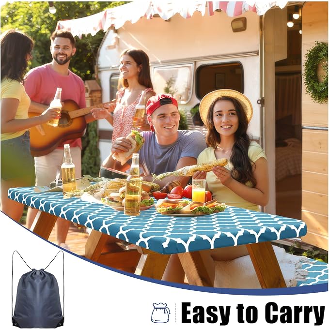 Smiry Picnic Table Cover with Bench Covers, Waterproof Elastic Fitted Tablecloth for 6 Foot Tables, Washable Polyester Tablecloths for Camping, Indoor & Outdoor (Light Blue, 30x72 Inch 3-pc Set)