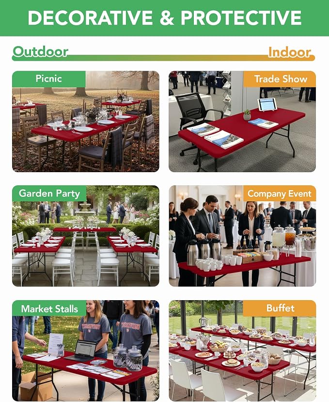 Fitted Tablecloth Rectangle Table Cloths with Elastic, 8 ft, Red, 6 Pack | For Outdoor Picnic Camping Party 8 foot Folding Spandex Table Covers, Water-Resistant, Windproof, Reusable, 96"L x 30"W