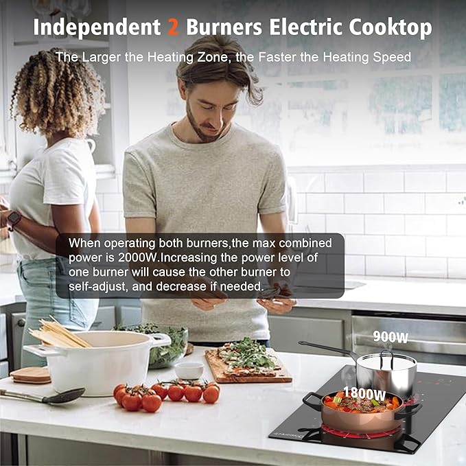 2 Burner Electric Cooktop - 12 Inch Electric Stovetop Built-in & Countertop 2000W, 120V Portable Two Burner Radiant Electrical Cook Top Sensor Touch Control, Timer, Safety Lock, 110V Plug in