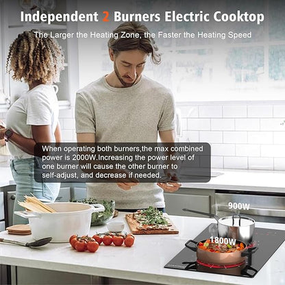 2 Burner Electric Cooktop - 12 Inch Electric Stovetop Built-in & Countertop 2000W, 120V Portable Two Burner Radiant Electrical Cook Top Sensor Touch Control, Timer, Safety Lock, 110V Plug in