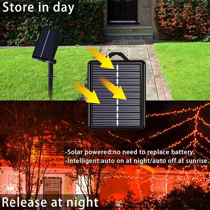 Solar Halloween String Lights, Orange 200Led, Outdoor Waterproof | 2 Pack Total 400Led 144Ft 8 Mode, IP44 Outside Fall Thanksgiving Fairy Lights for Tree, Garden, Patio, Lawn, Yard Decorations