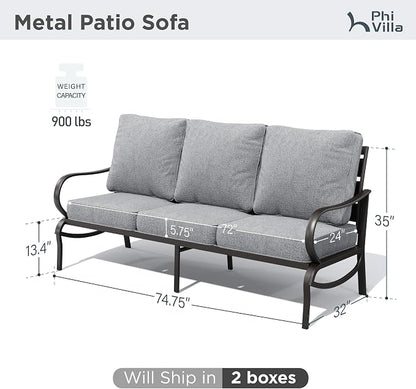 PHI VILLA Metal Patio Sofa with 5.75" Extra-Thick Waterproof Cushion, 3 Seater Deep Seat & High Back Outdoor Couch, All Weather Porch Furniture for Deck Backyard Front Porch Apartment,Gray