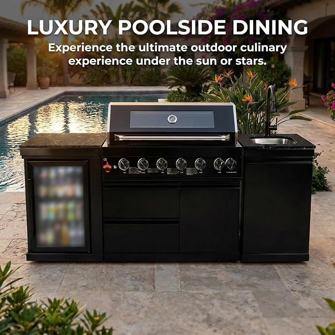 82 Inch Outdoor Kitchen Island, 6-Burner 85000 BTU Propane Stainless Steel BBQ with Side/Rear Burners, With Refrigerator and Sink, Rotisserie, Marble Countertops, Storage, For Backyard BBQ