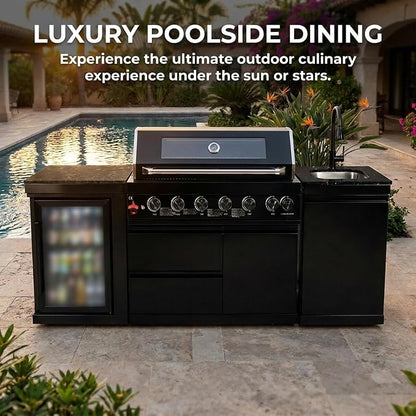 82 Inch Outdoor Kitchen Island, 6-Burner 85000 BTU Propane Stainless Steel BBQ with Side/Rear Burners, With Refrigerator and Sink, Rotisserie, Marble Countertops, Storage, For Backyard BBQ