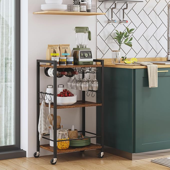 TUTOTAK Bar Cart with Wheels, Mini Drink Cart with Wine Rack & Glass Holder | 3-Tier 17 Inch Wide Home Bar Serving Carts, Small Mobile Kitchen Shelf with 6 Hooks, Rustic Brown BC01BB035