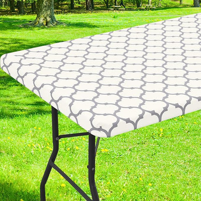Smiry Picnic Fitted Table Cover, 6 Foot Flannel Backed Vinyl Tablecloth | Waterproof Elastic Stretch Table Cloth, Wipeable Plastic Tablecloth for Camping, Indoor & Outdoor (Beige, 30" x 72")