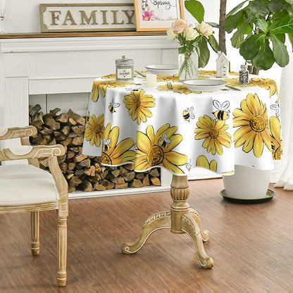 Horaldaily Summer Tablecloth 70 x 70 Inch Round Yellow Sunflower Bumble Bee | White Fall Washable Table Cover for Party Picnic Dinner Decor