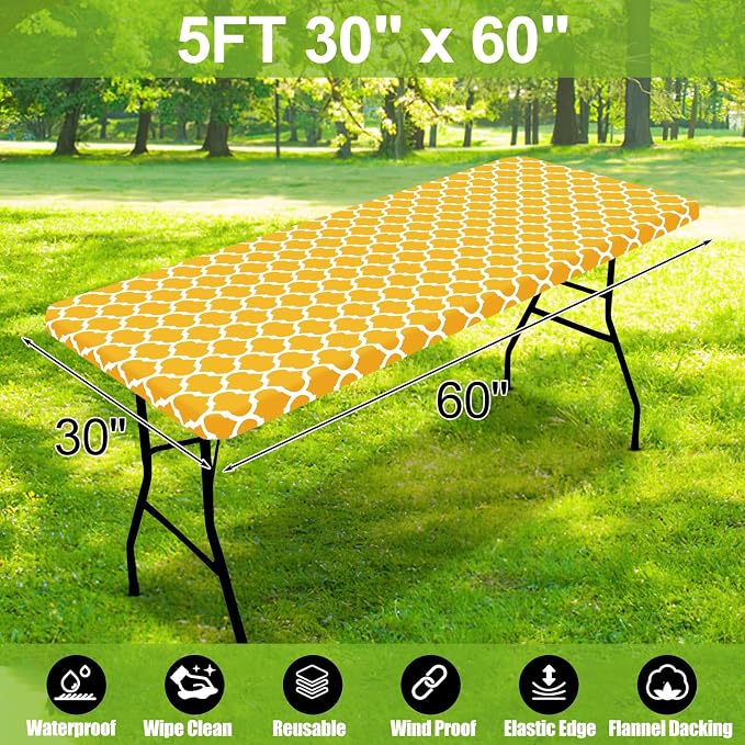 Smiry Picnic Fitted Table Cover, 5 Foot Flannel Backed Vinyl Tablecloth | Waterproof Elastic Stretch Table Cloth, Wipeable Plastic Tablecloth for Camping, Indoor & Outdoor (Mustard Yellow, 30" x 60")