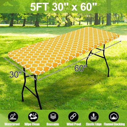 Smiry Picnic Fitted Table Cover, 5 Foot Flannel Backed Vinyl Tablecloth | Waterproof Elastic Stretch Table Cloth, Wipeable Plastic Tablecloth for Camping, Indoor & Outdoor (Mustard Yellow, 30" x 60")