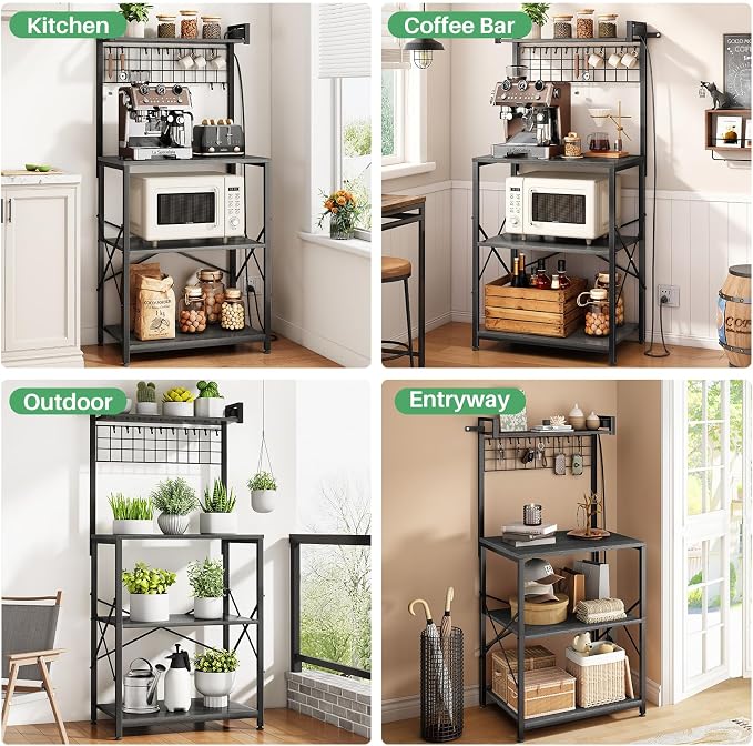SNTD Bakers Rack with Power Outlet, Microwave Stand, Grey, 23.5" W | Coffee Stand, 4 Tiers Kitchen Storage Shelves, Wire Grid Panel, 10 Hooks, Metal Frame, Triple X-Shaped Reinforcement