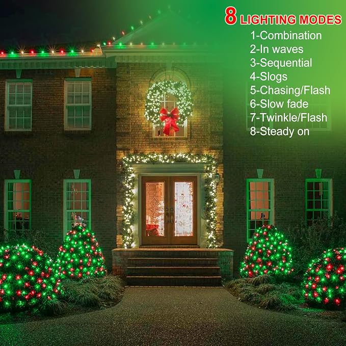 kemooie 500 LED Christmas String Lights, 164FT 8 Lighting Mode with Memory Plug in Green Wire Waterproof Lights, for Outdoor Birthday Christmas Party Garden Balcony Decorations (Red and Green)