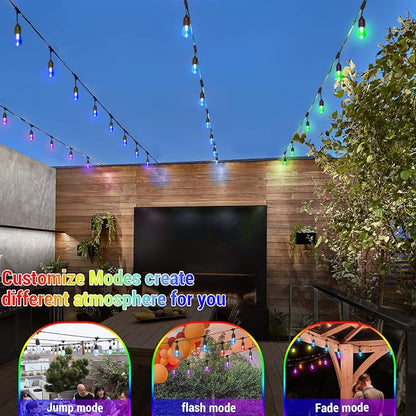 48FT Solar Outdoor RGB String Lights Waterproof Shatterproof | 15+3 Dimmable LED Bulbs with Remote Commercial Patio Light for Cafe, Yard, Party