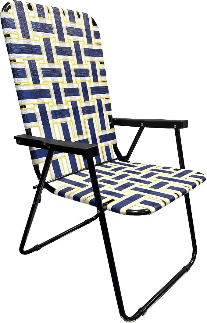 Lawn Chair Folding Steel Webbing Chaise Patio Lounger Seat Wood Handles Great for Camping, Beach, Fishing, Backyard, Stadium, Pool, Boating, and Sports 1 Pack Blue/Yellow
