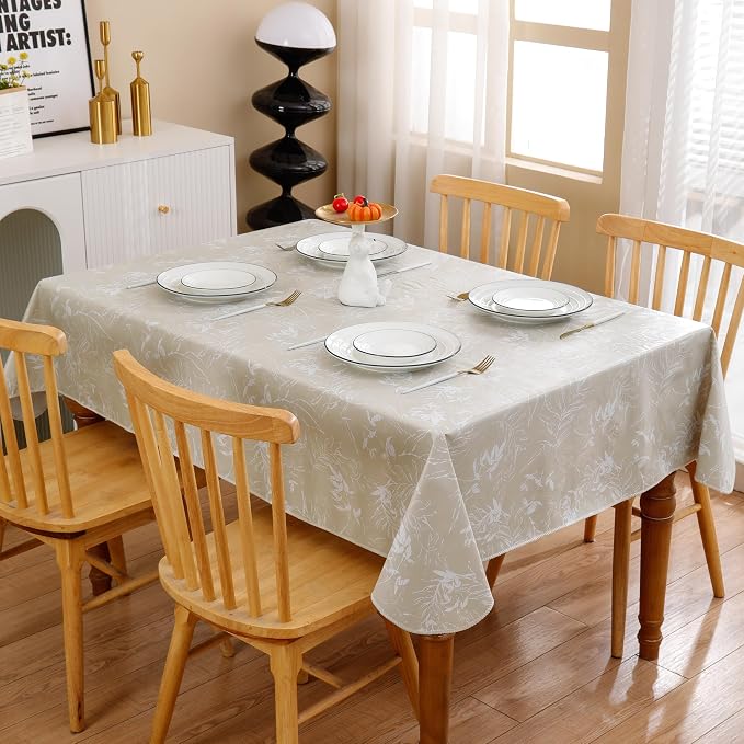 Heavy Duty Vinyl Tablecloth with Flannel Backing Waterproof Oil-Proof Plastic Table Cloth Stain-Resistant Wipeable Rectangle or Square Table Cover for Indoor and Outdoor (Beige Leaf,60x84 Inch)
