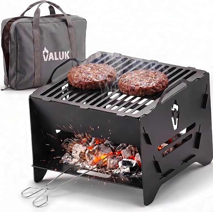 Portable Charcoal Grill – Small Camping Grill, Foldable Carbon Steel Collapsible Tabletop for Outdoor Cooking, Side Coal Slot, Carry Bag & Tong, Compact Fire Pit, BBQ Ready, Picnic & Motorhome