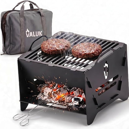 Portable Charcoal Grill – Small Camping Grill, Foldable Carbon Steel Collapsible Tabletop for Outdoor Cooking, Side Coal Slot, Carry Bag & Tong, Compact Fire Pit, BBQ Ready, Picnic & Motorhome