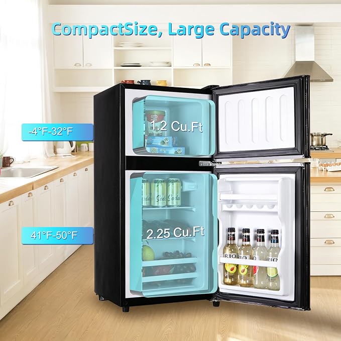 Dorm Fridge with Freezer, Small Refrigerator 3.45 Cu. Ft. with Freezer | 7-Level Temperature Adjustable Apartment Size Fridge with Removable Shelves for Kichen, College, Office, Apartment, Black