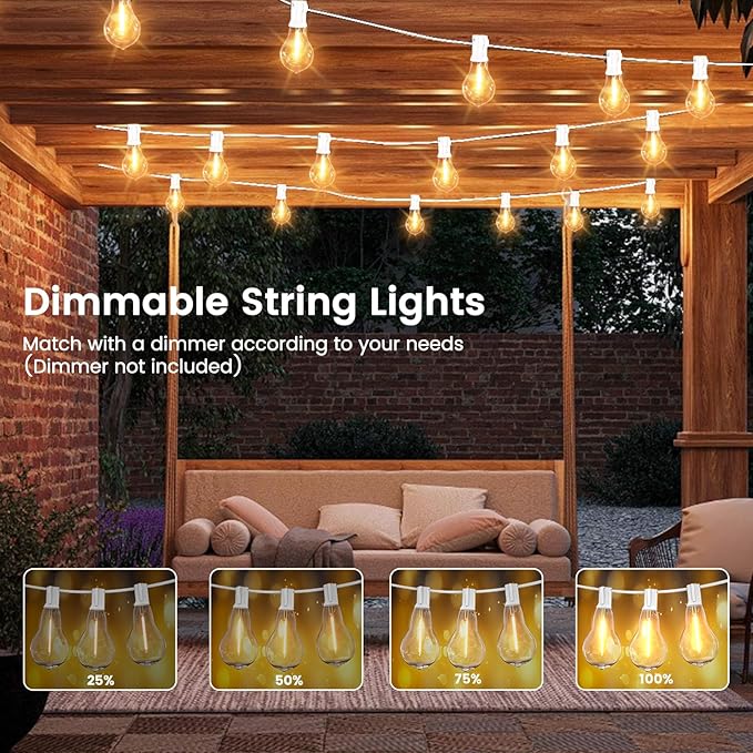 Outdoor String Lights 100 Feet LED Patio Lights 53 Plastic Edison Bulbs (3 Spare), Waterproof Connectable Hanging Light for Backyard Porch Balcony Party Decor, White